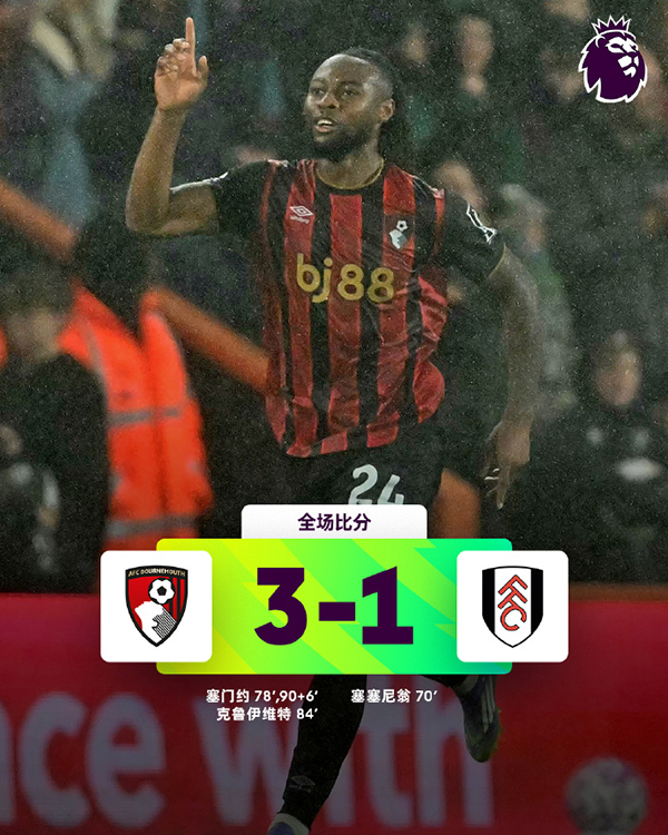 英超第7轮战报：伯恩茅斯3-1逆转富勒姆，塞梅尼奥2射1传导演大胜